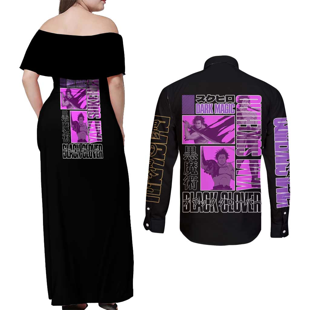 Yami Sukehiro Black Clover Couples Matching Off Shoulder Maxi Dress and Long Sleeve Button Shirt Anime Style