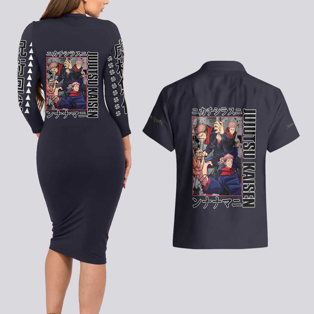 Itadori Yuuji Jujutsu Kaisen Couples Matching Long Sleeve Bodycon Dress and Hawaiian Shirt Anime Style