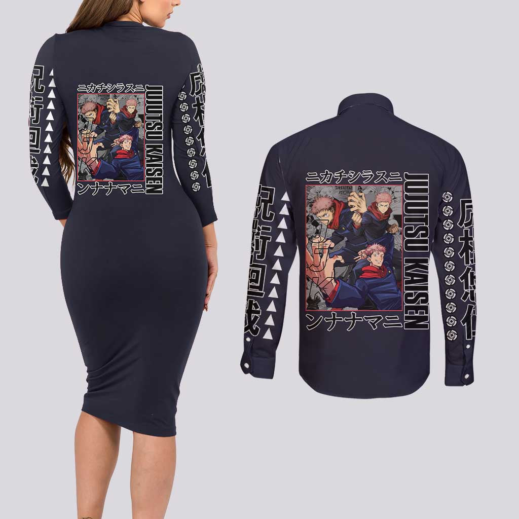 Itadori Yuuji Jujutsu Kaisen Couples Matching Long Sleeve Bodycon Dress and Long Sleeve Button Shirt Anime Style