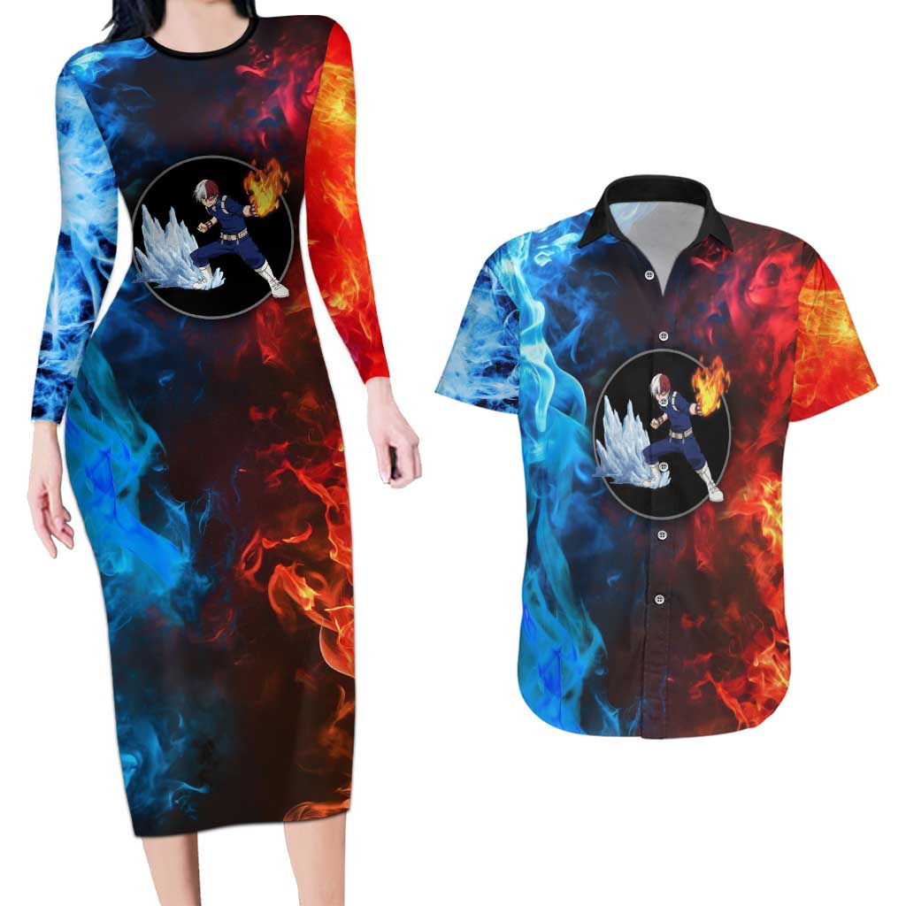 Burning Fire Shoto My Hero Academia Couples Matching Long Sleeve Bodycon Dress and Hawaiian Shirt Anime Style