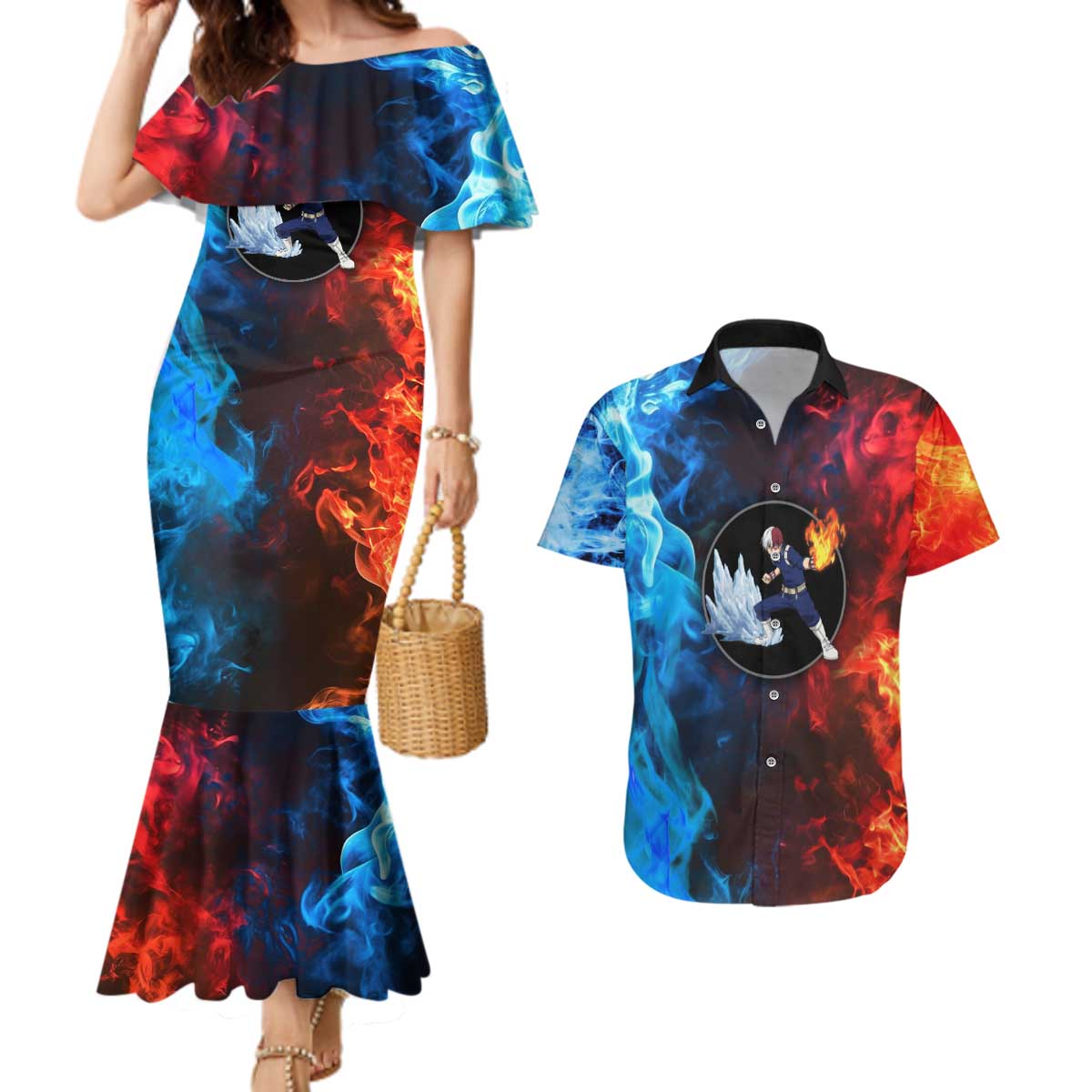 Burning Fire Shoto My Hero Academia Couples Matching Mermaid Dress and Hawaiian Shirt Anime Style