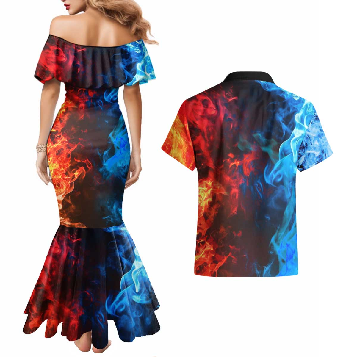 Burning Fire Shoto My Hero Academia Couples Matching Mermaid Dress and Hawaiian Shirt Anime Style