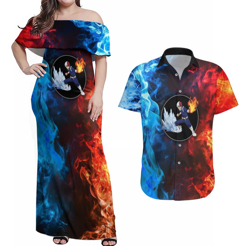 Burning Fire Shoto My Hero Academia Couples Matching Off Shoulder Maxi Dress and Hawaiian Shirt Anime Style