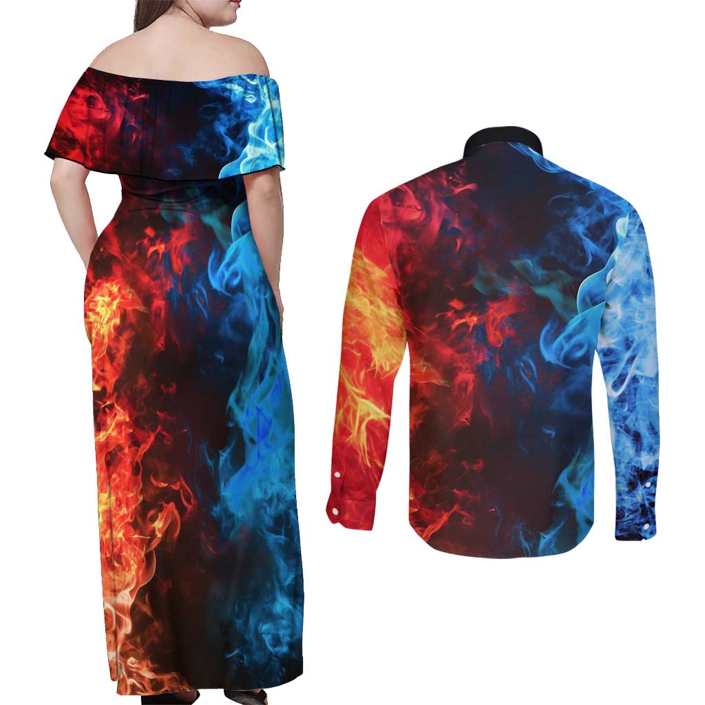 Burning Fire Shoto My Hero Academia Couples Matching Off Shoulder Maxi Dress and Long Sleeve Button Shirt Anime Style