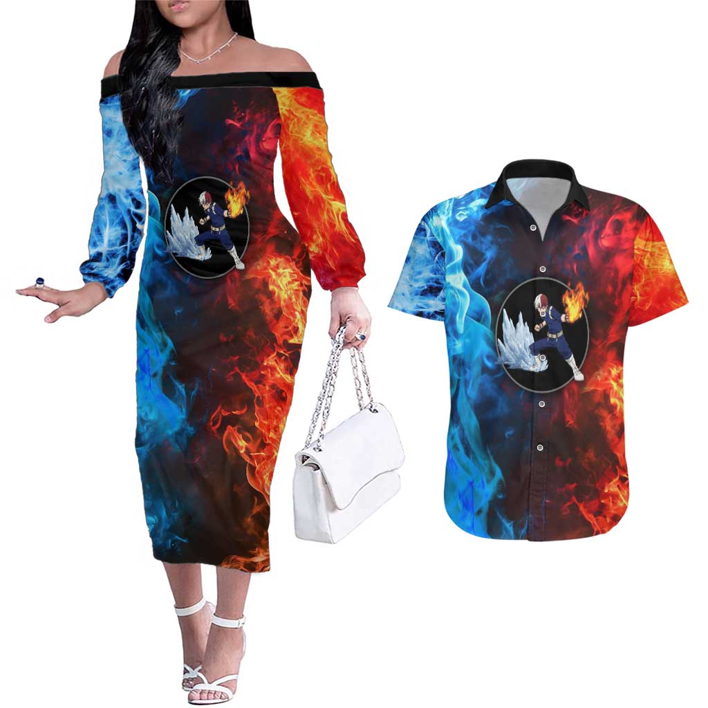 Burning Fire Shoto My Hero Academia Couples Matching Off The Shoulder Long Sleeve Dress and Hawaiian Shirt Anime Style