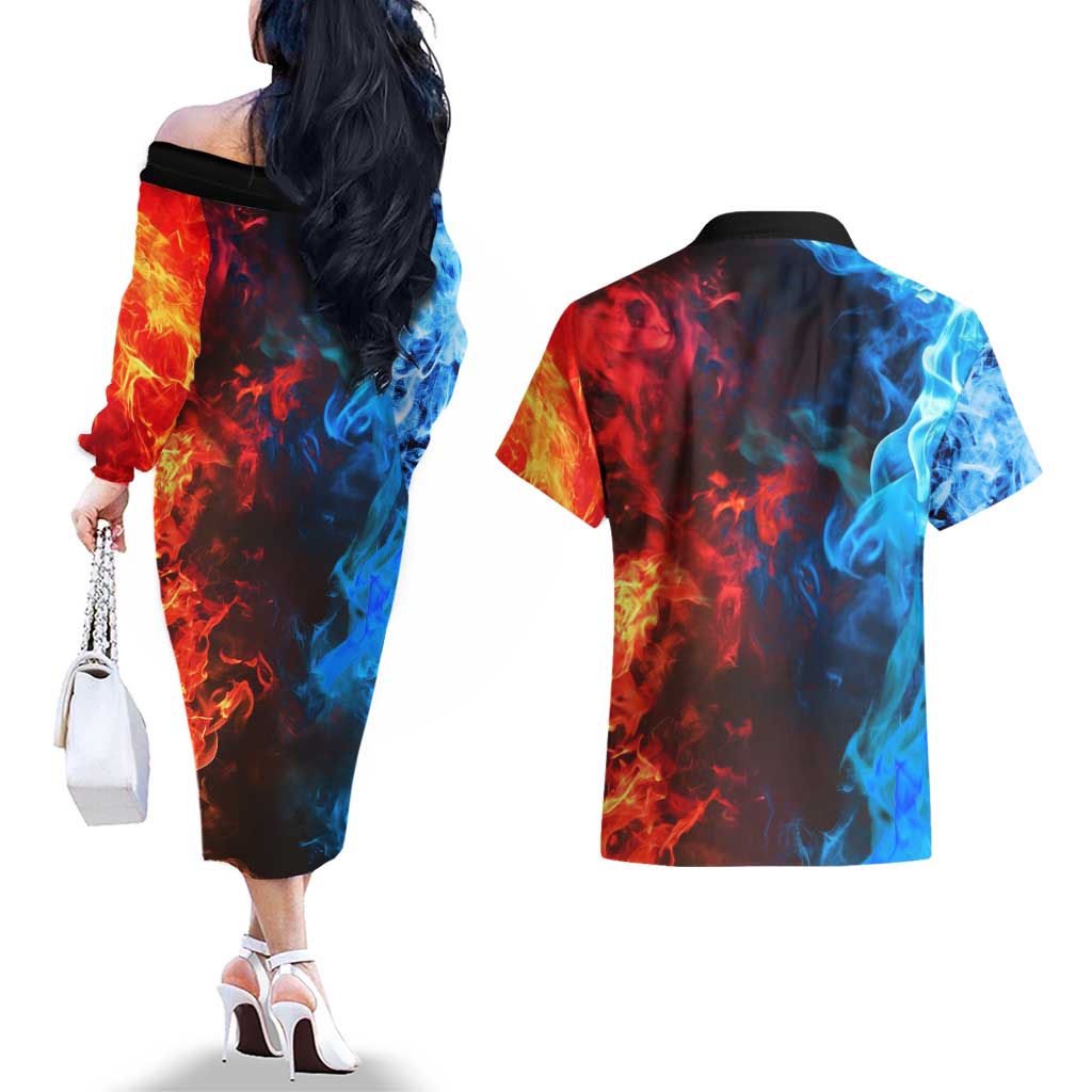 Burning Fire Shoto My Hero Academia Couples Matching Off The Shoulder Long Sleeve Dress and Hawaiian Shirt Anime Style