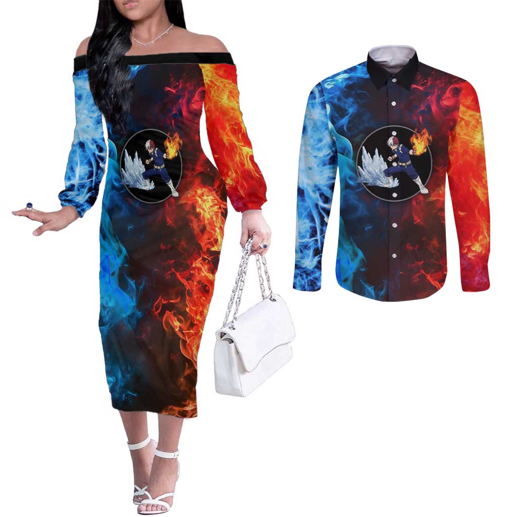 Burning Fire Shoto My Hero Academia Couples Matching Off The Shoulder Long Sleeve Dress and Long Sleeve Button Shirt Anime Style
