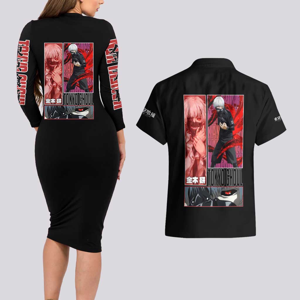 Kaneki Ken Tokyo Ghoul Couples Matching Long Sleeve Bodycon Dress and Hawaiian Shirt Anime Style