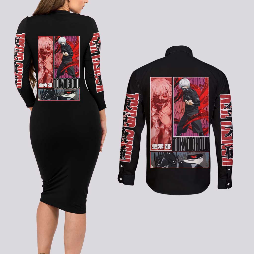 Kaneki Ken Tokyo Ghoul Couples Matching Long Sleeve Bodycon Dress and Long Sleeve Button Shirt Anime Style