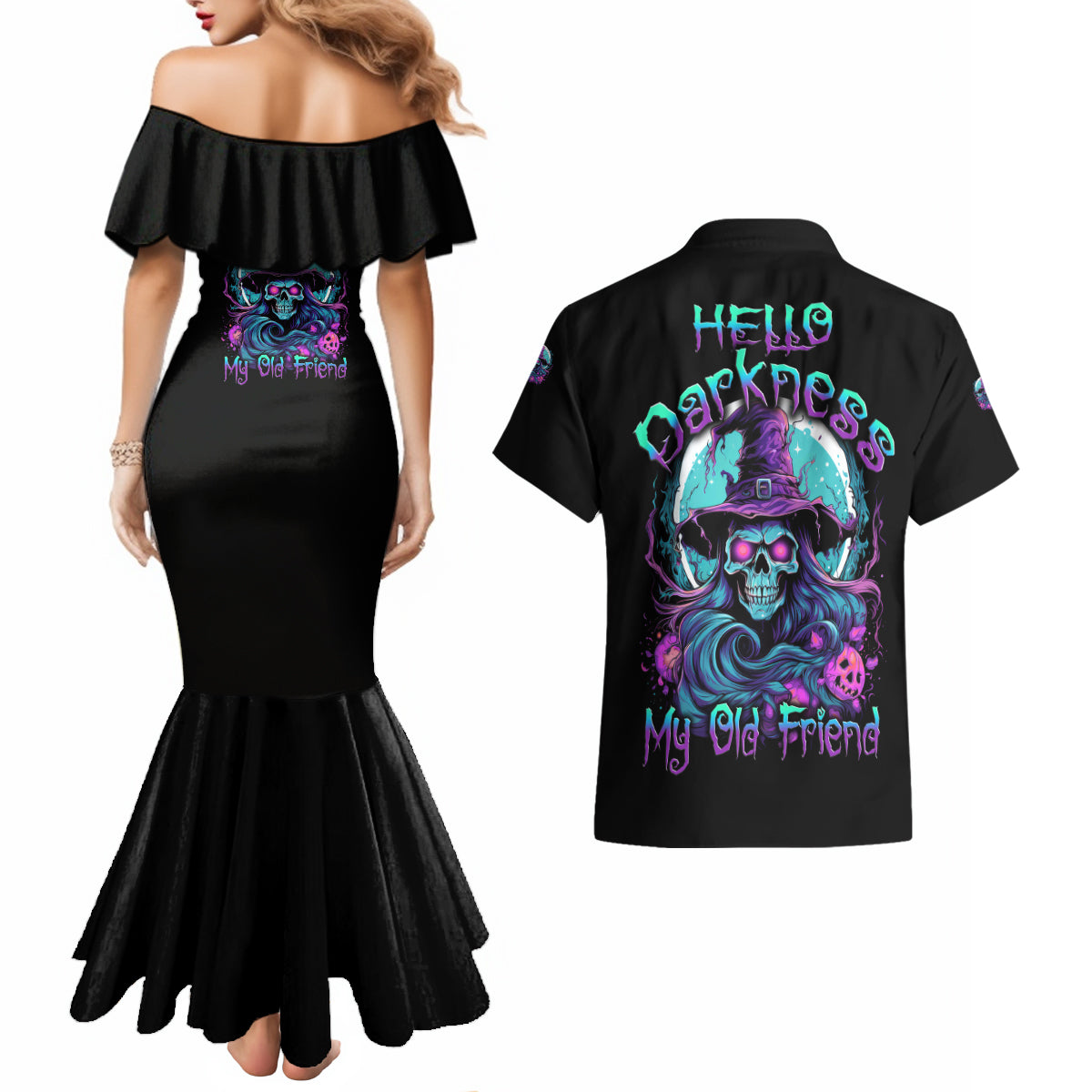 hello-darkness-my-old-friend-witch-halloween-couples-matching-mermaid-dress-and-hawaiian-shirt