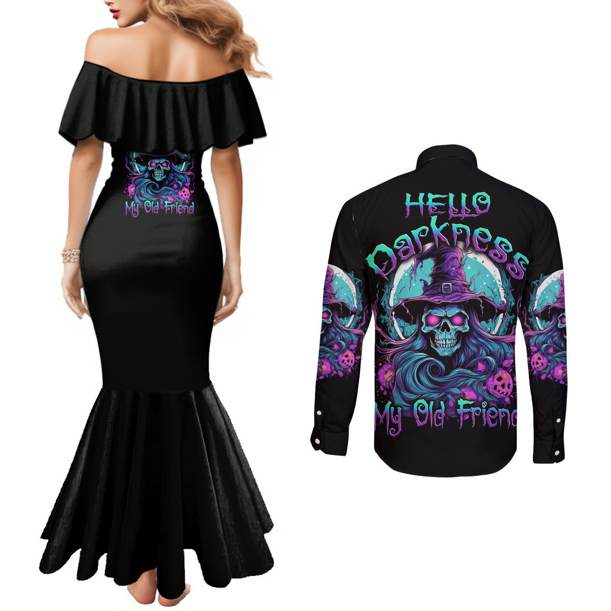 hello-darkness-my-old-friend-witch-halloween-couples-matching-mermaid-dress-and-long-sleeve-button-shirt