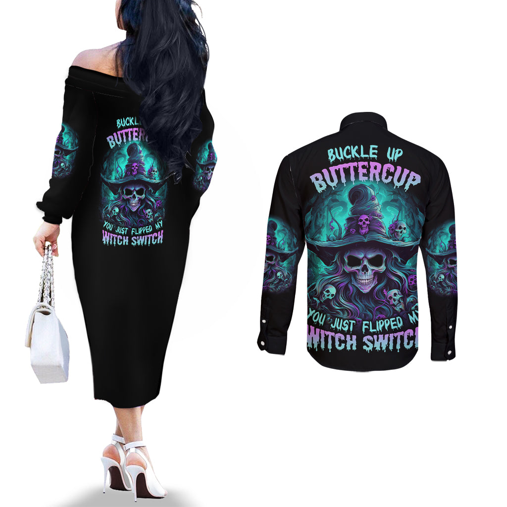 buckle-up-buttercup-skull-witch-halloween-couples-matching-off-the-shoulder-long-sleeve-dress-and-long-sleeve-button-shirt