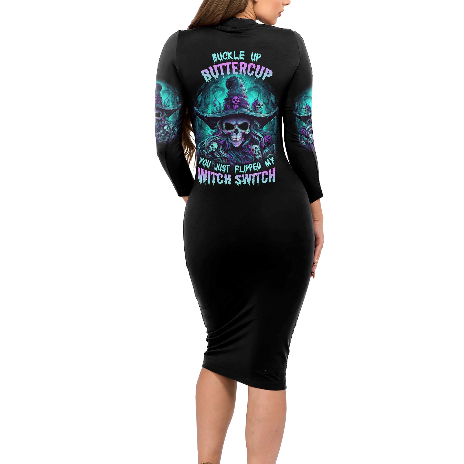 buckle-up-buttercup-skull-witch-halloween-long-sleeve-bodycon-dress