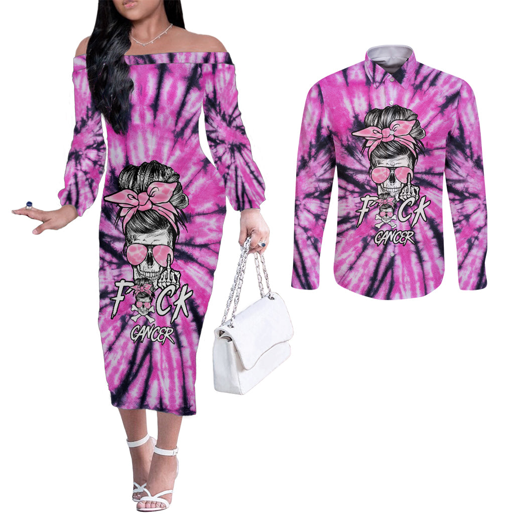 fcks-cancer-skull-tie-dye-couples-matching-off-the-shoulder-long-sleeve-dress-and-long-sleeve-button-shirt