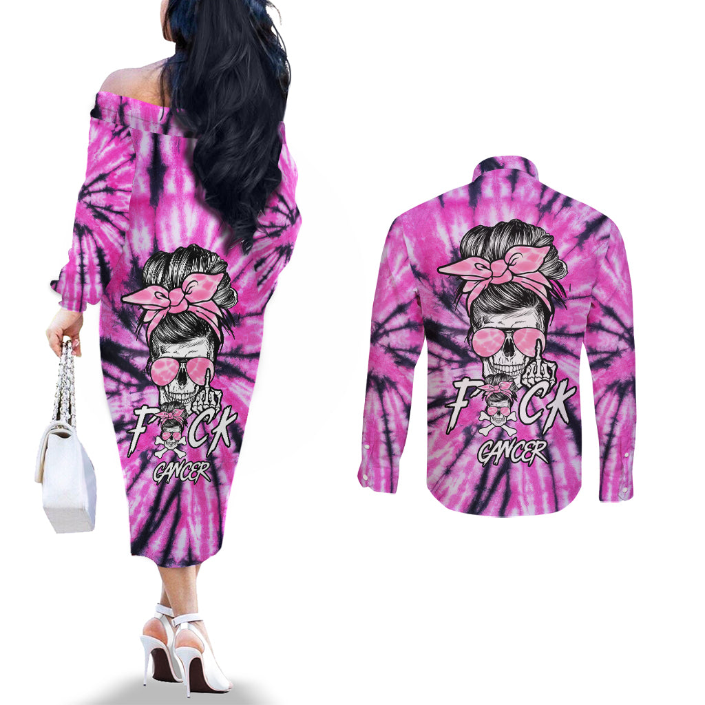 fcks-cancer-skull-tie-dye-couples-matching-off-the-shoulder-long-sleeve-dress-and-long-sleeve-button-shirt