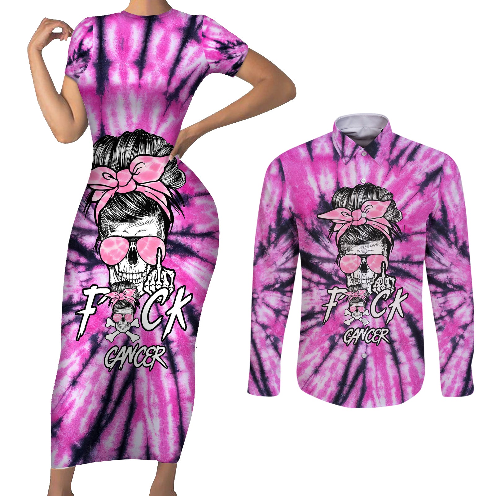 fcks-cancer-skull-tie-dye-couples-matching-short-sleeve-bodycon-dress-and-long-sleeve-button-shirt