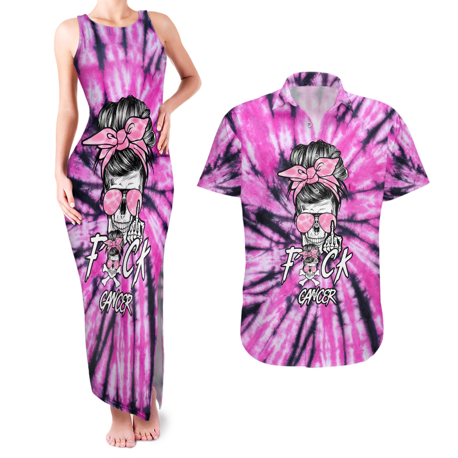 fcks-cancer-skull-tie-dye-couples-matching-tank-maxi-dress-and-hawaiian-shirt