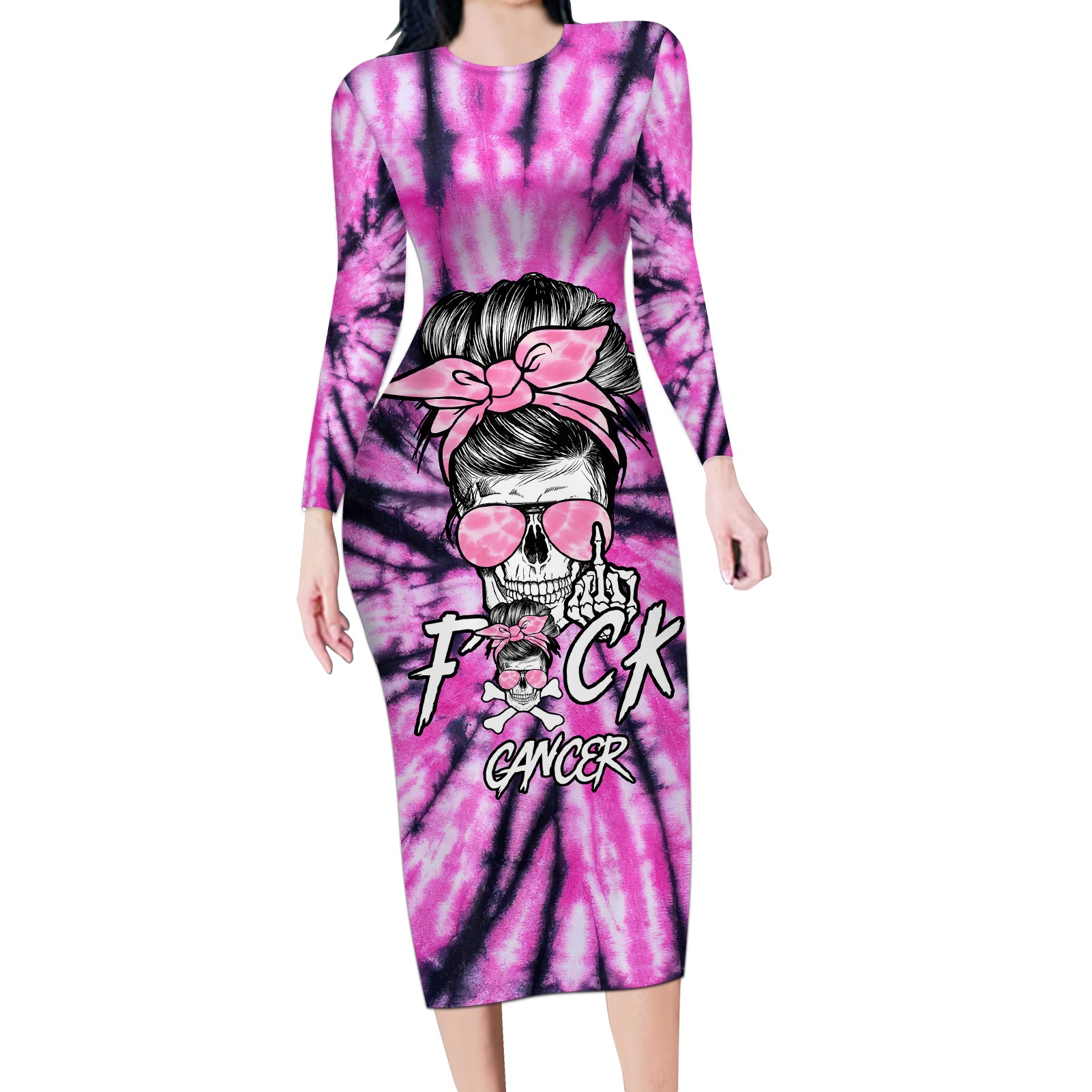 fcks-cancer-skull-tie-dye-long-sleeve-bodycon-dress