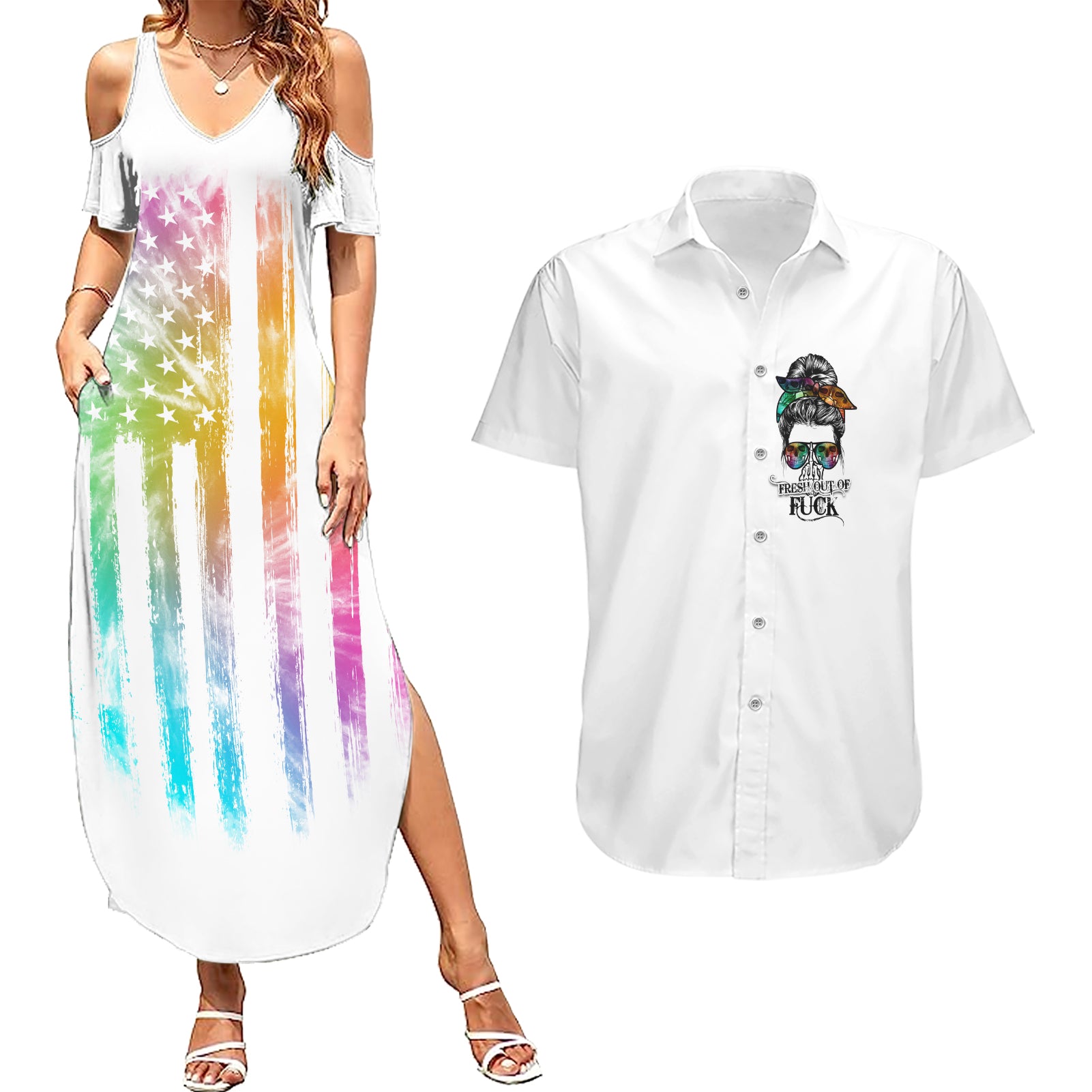 fresh-out-of-fcks-messy-bun-tie-dye-couples-matching-summer-maxi-dress-and-hawaiian-shirt