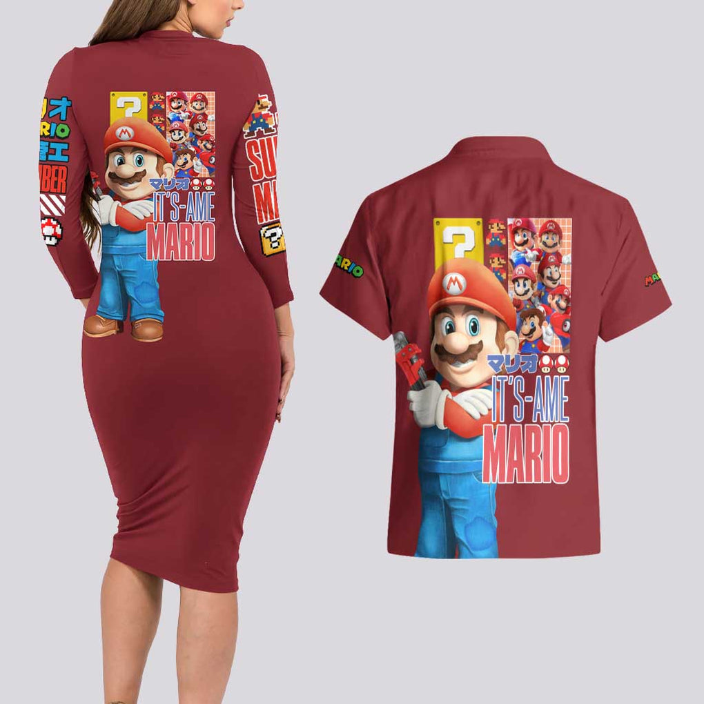 Mario Bros Mario Bros Couples Matching Long Sleeve Bodycon Dress and Hawaiian Shirt Anime Mix 3D Game Style