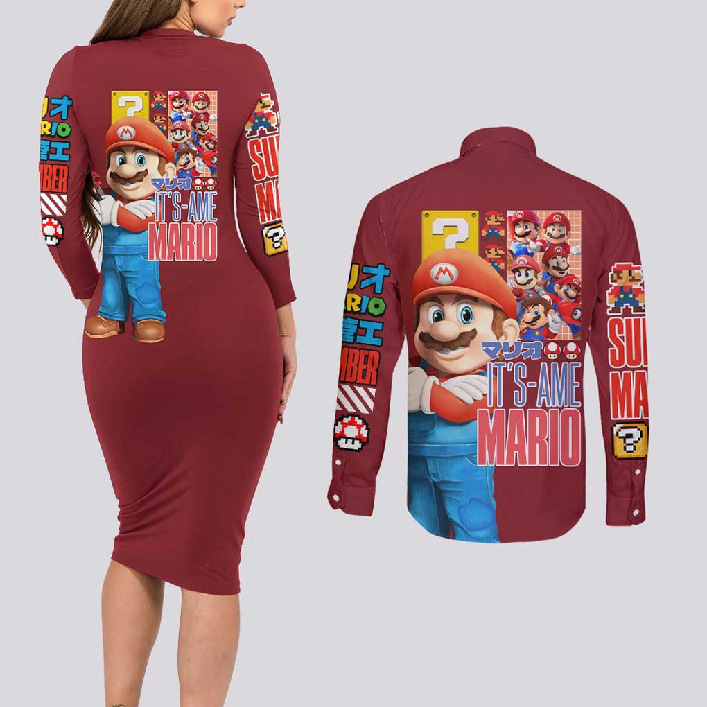 Mario Bros Mario Bros Couples Matching Long Sleeve Bodycon Dress and Long Sleeve Button Shirt Anime Mix 3D Game Style