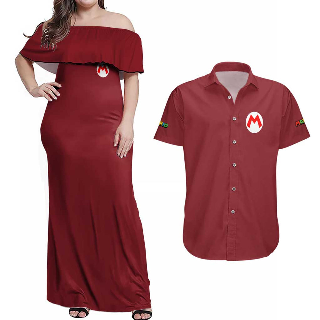 Mario Bros Mario Bros Couples Matching Off Shoulder Maxi Dress and Hawaiian Shirt Anime Mix 3D Game Style