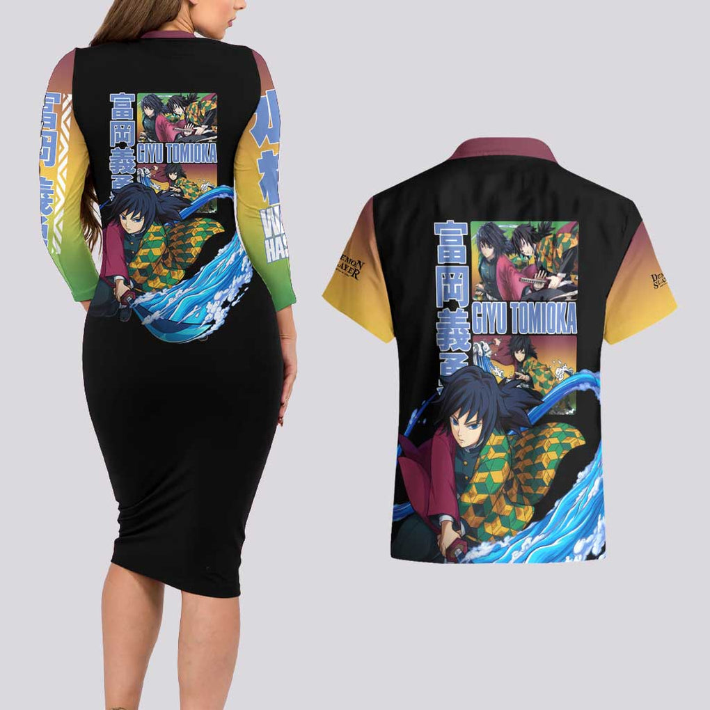 Giyu Tomioka V3 Demon Slayer Couples Matching Long Sleeve Bodycon Dress and Hawaiian Shirt Anime Style