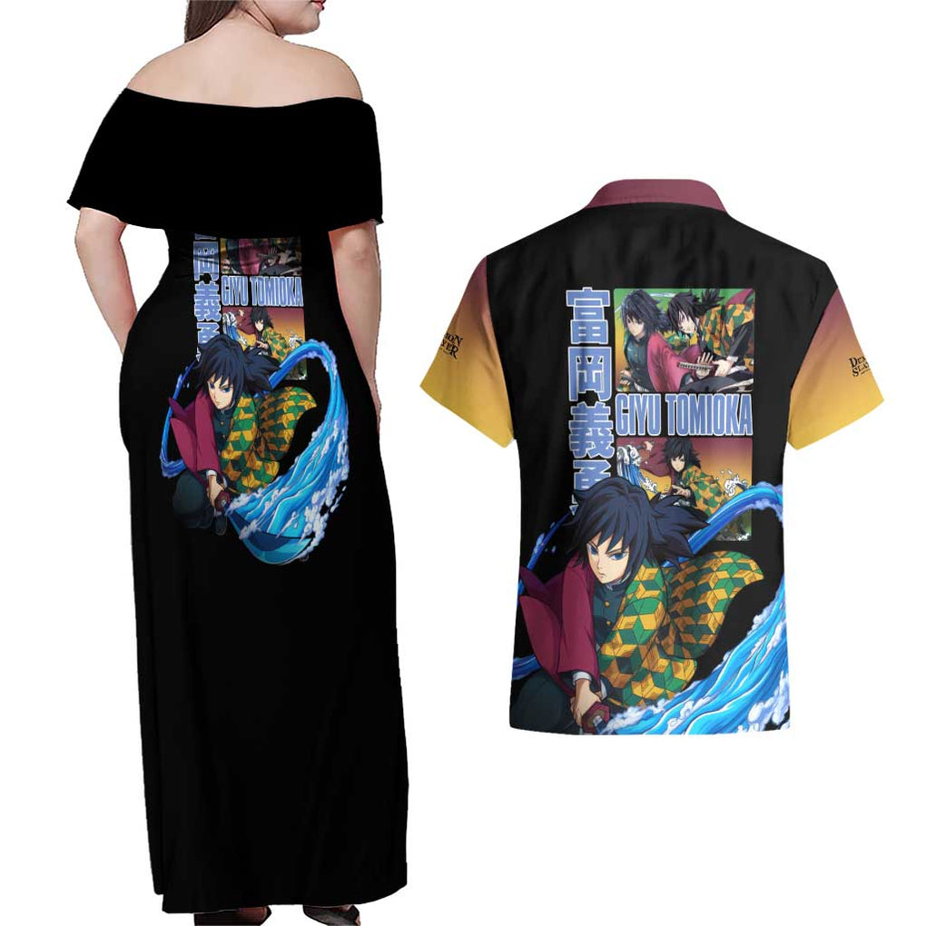 Giyu Tomioka V3 Demon Slayer Couples Matching Off Shoulder Maxi Dress and Hawaiian Shirt Anime Style