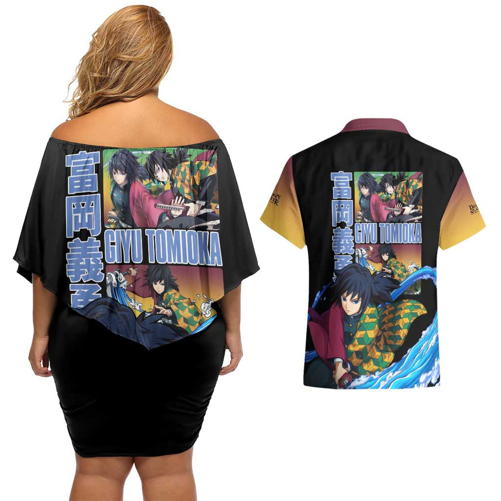 Giyu Tomioka V3 Demon Slayer Couples Matching Off Shoulder Short Dress and Hawaiian Shirt Anime Style
