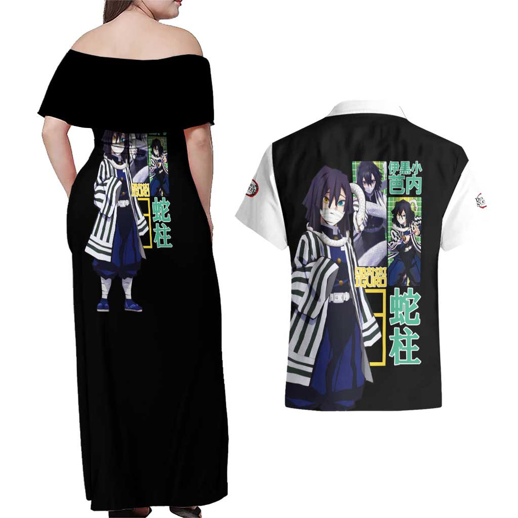 Obanai Iguro V2 Demon Slayer Couples Matching Off Shoulder Maxi Dress and Hawaiian Shirt Anime Style