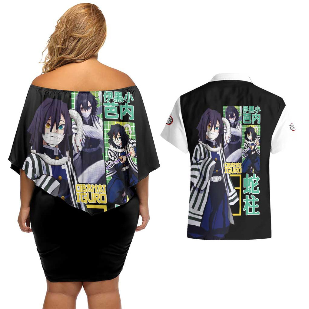 Obanai Iguro V2 Demon Slayer Couples Matching Off Shoulder Short Dress and Hawaiian Shirt Anime Style