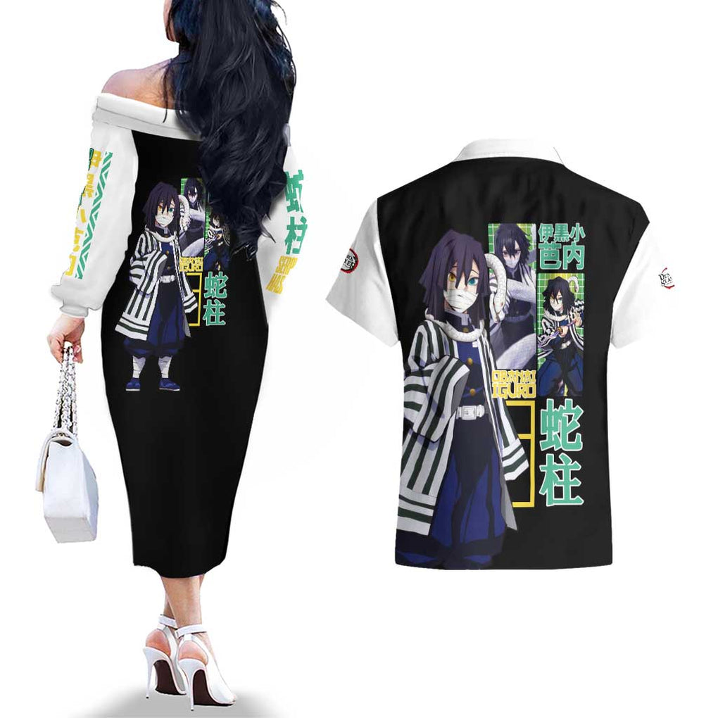 Obanai Iguro V2 Demon Slayer Couples Matching Off The Shoulder Long Sleeve Dress and Hawaiian Shirt Anime Style