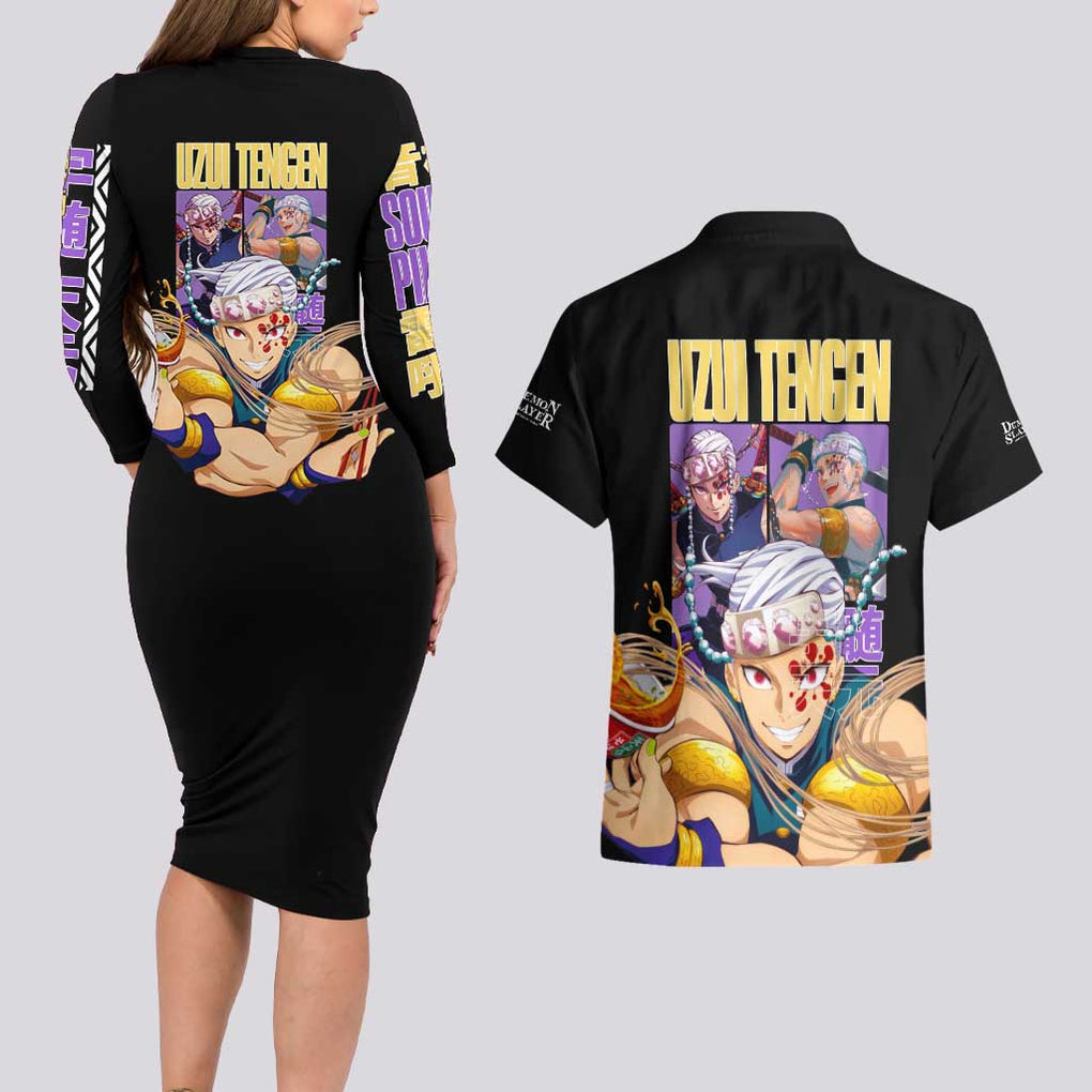 Uzui Tengen V2 Demon Slayer Couples Matching Long Sleeve Bodycon Dress and Hawaiian Shirt Anime Style