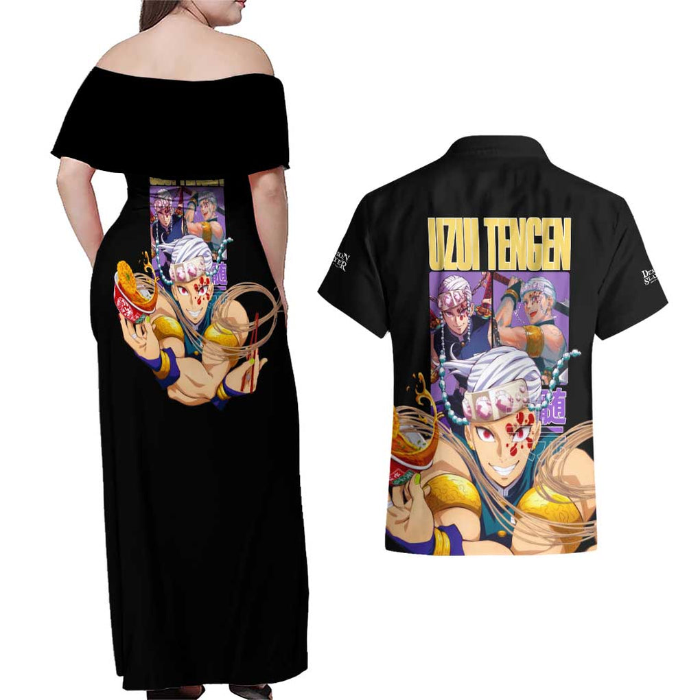 Uzui Tengen V2 Demon Slayer Couples Matching Off Shoulder Maxi Dress and Hawaiian Shirt Anime Style