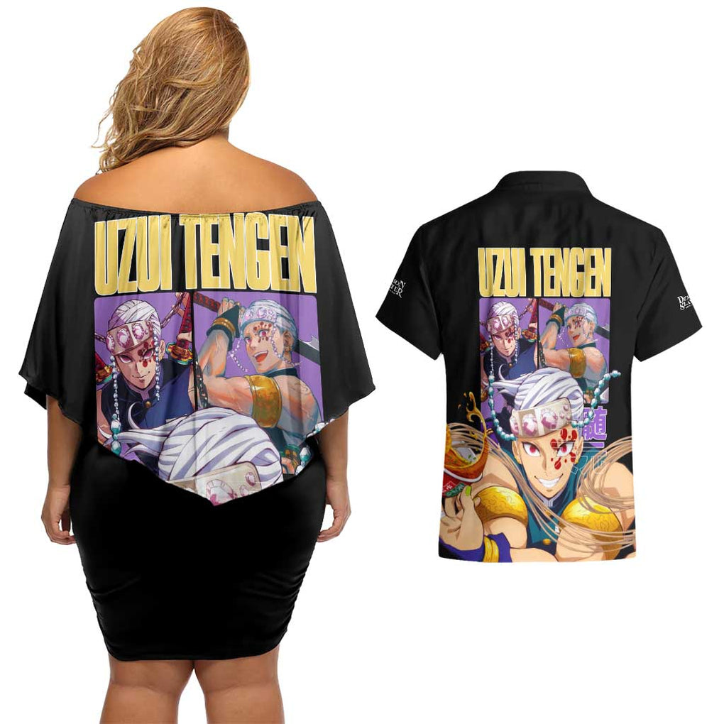 Uzui Tengen V2 Demon Slayer Couples Matching Off Shoulder Short Dress and Hawaiian Shirt Anime Style