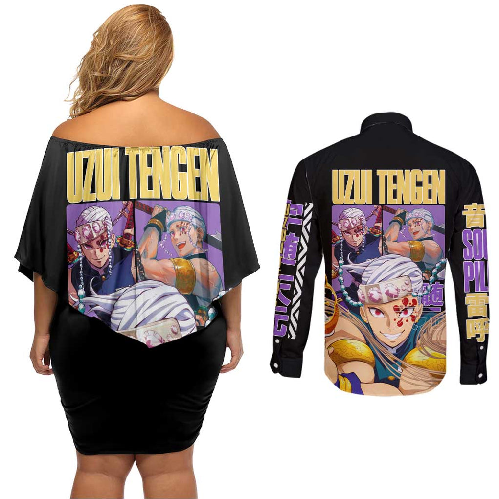 Uzui Tengen V2 Demon Slayer Couples Matching Off Shoulder Short Dress and Long Sleeve Button Shirt Anime Style