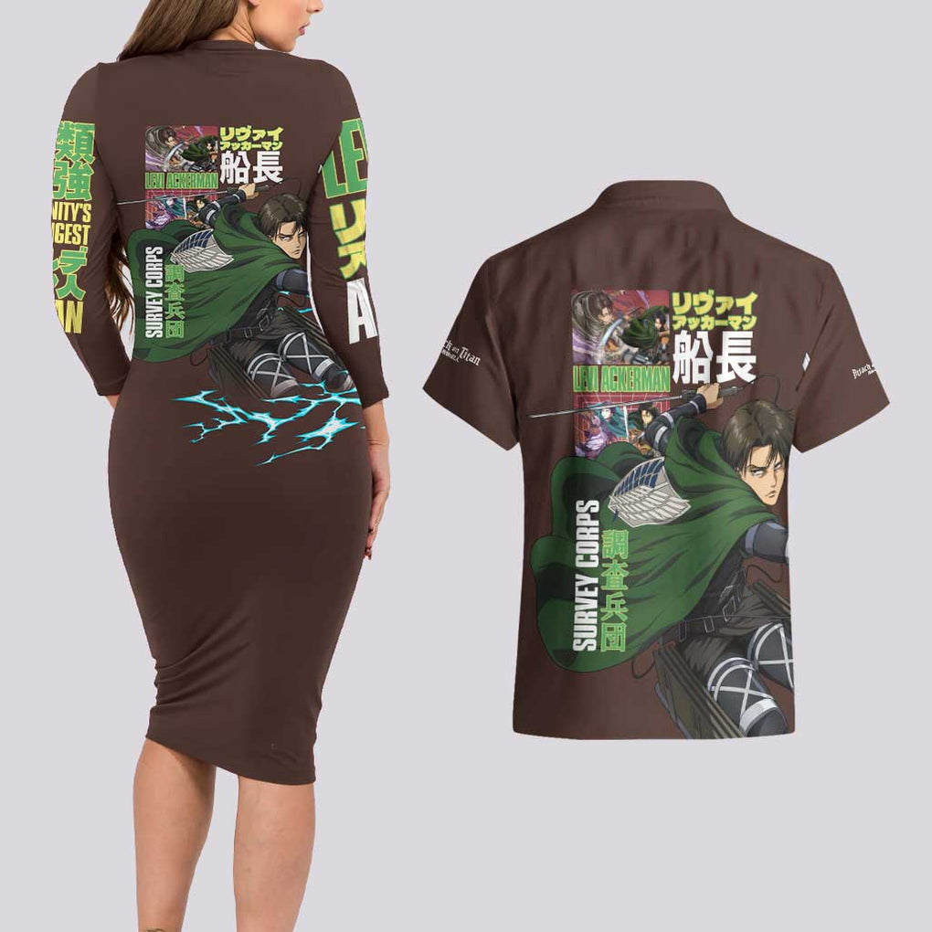 Levi Ackerman V3 Attack on Titan Couples Matching Long Sleeve Bodycon Dress and Hawaiian Shirt Anime Style