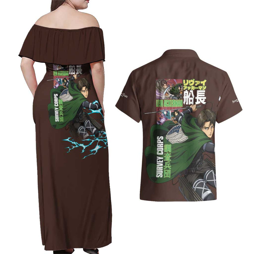 Levi Ackerman V3 Attack on Titan Couples Matching Off Shoulder Maxi Dress and Hawaiian Shirt Anime Style