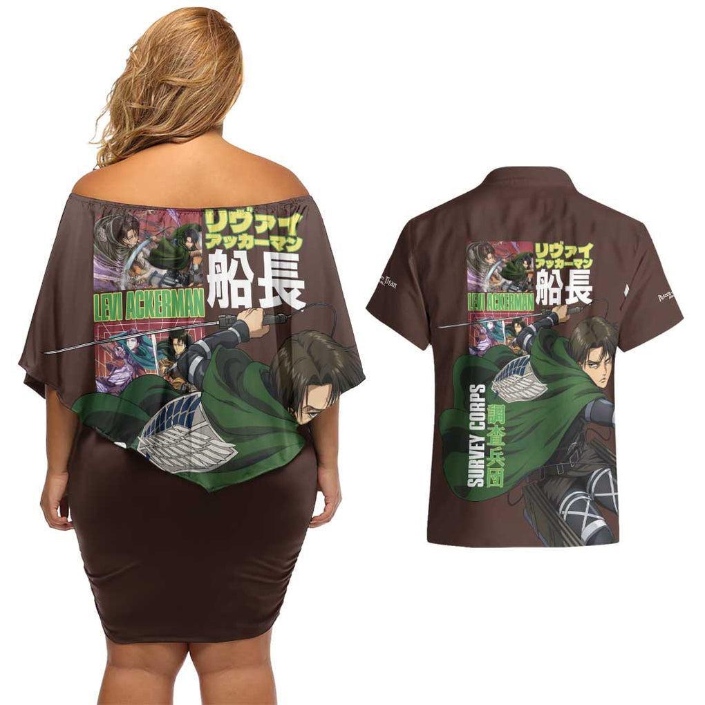 Levi Ackerman V3 Attack on Titan Couples Matching Off Shoulder Short Dress and Hawaiian Shirt Anime Style