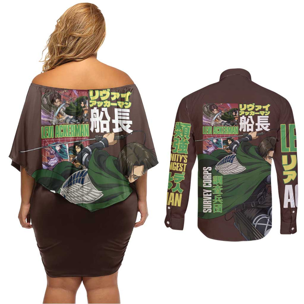 Levi Ackerman V3 Attack on Titan Couples Matching Off Shoulder Short Dress and Long Sleeve Button Shirt Anime Style