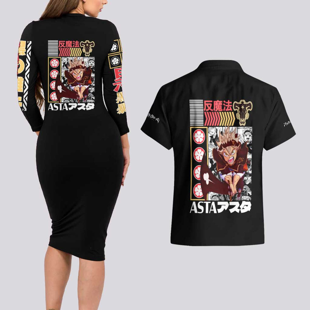 Asta V2 Black Clover Couples Matching Long Sleeve Bodycon Dress and Hawaiian Shirt Anime Style