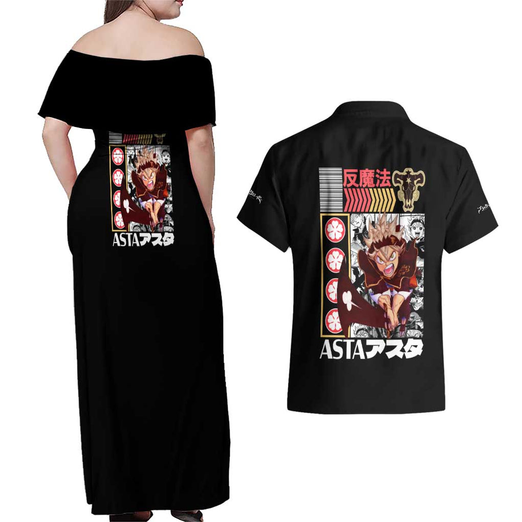 Asta V2 Black Clover Couples Matching Off Shoulder Maxi Dress and Hawaiian Shirt Anime Style