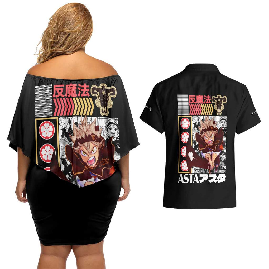 Asta V2 Black Clover Couples Matching Off Shoulder Short Dress and Hawaiian Shirt Anime Style