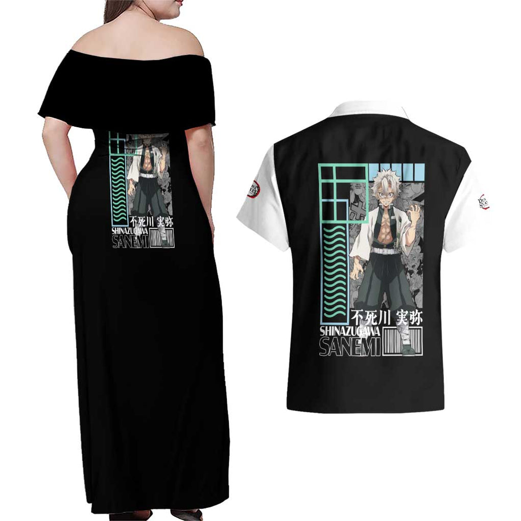 Sanemi Shinazugawa Kimesu no Yaiba Couples Matching Off Shoulder Maxi Dress and Hawaiian Shirt Anime Style