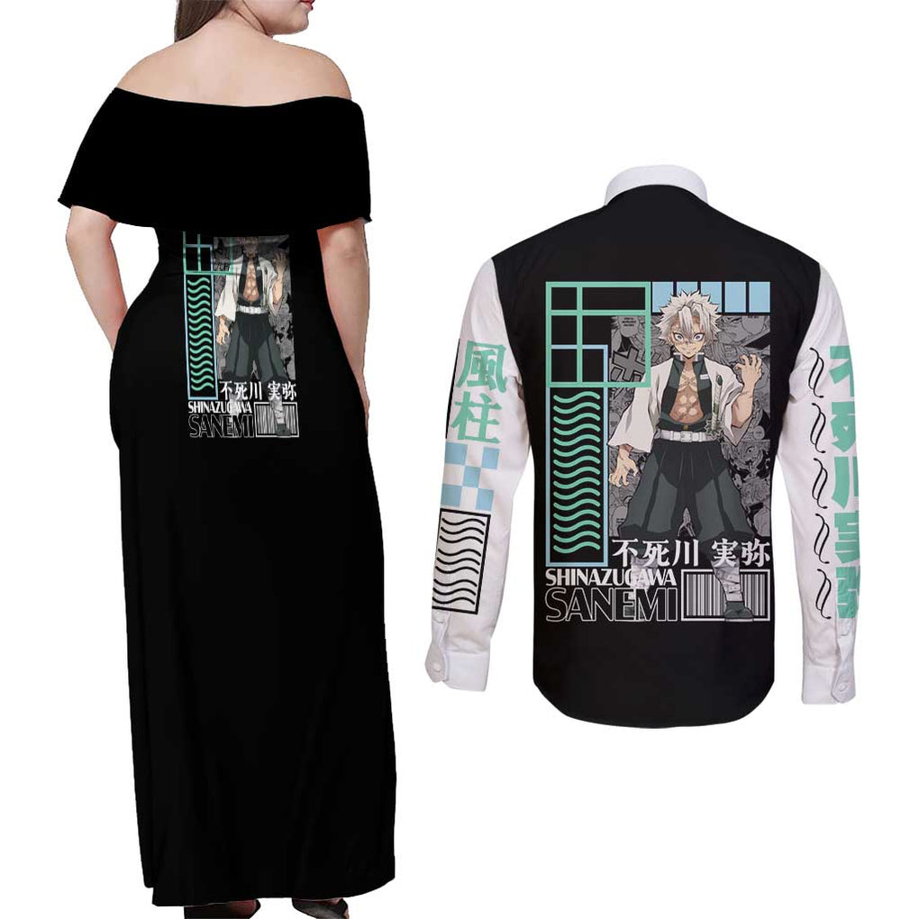 Sanemi Shinazugawa Kimesu no Yaiba Couples Matching Off Shoulder Maxi Dress and Long Sleeve Button Shirt Anime Style