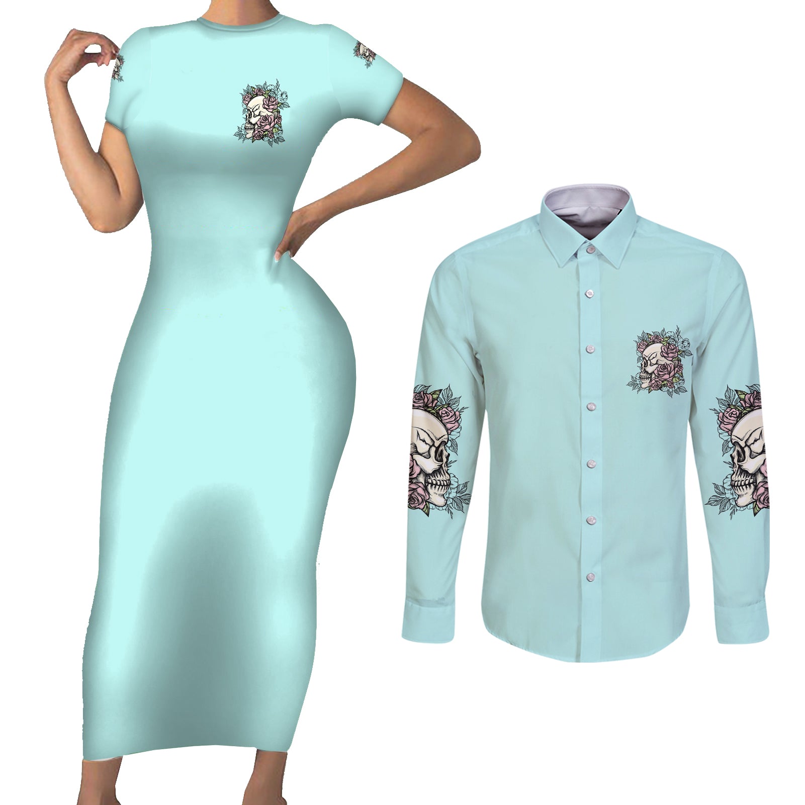 i-may-not-be-perfect-skull-roses-couples-matching-short-sleeve-bodycon-dress-and-long-sleeve-button-shirt