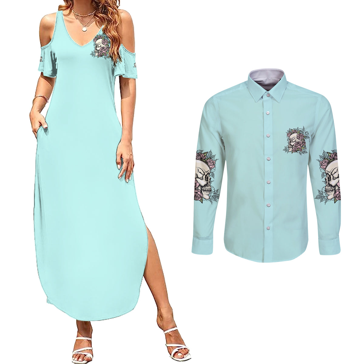 i-may-not-be-perfect-skull-roses-couples-matching-summer-maxi-dress-and-long-sleeve-button-shirt