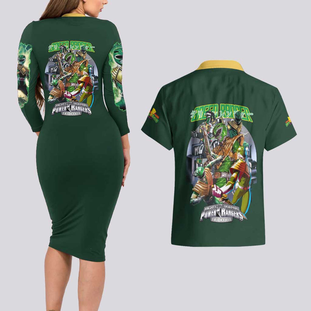 Green Ranger Mighty Morphin Power Rangers Couples Matching Long Sleeve Bodycon Dress and Hawaiian Shirt Japan Anime Style