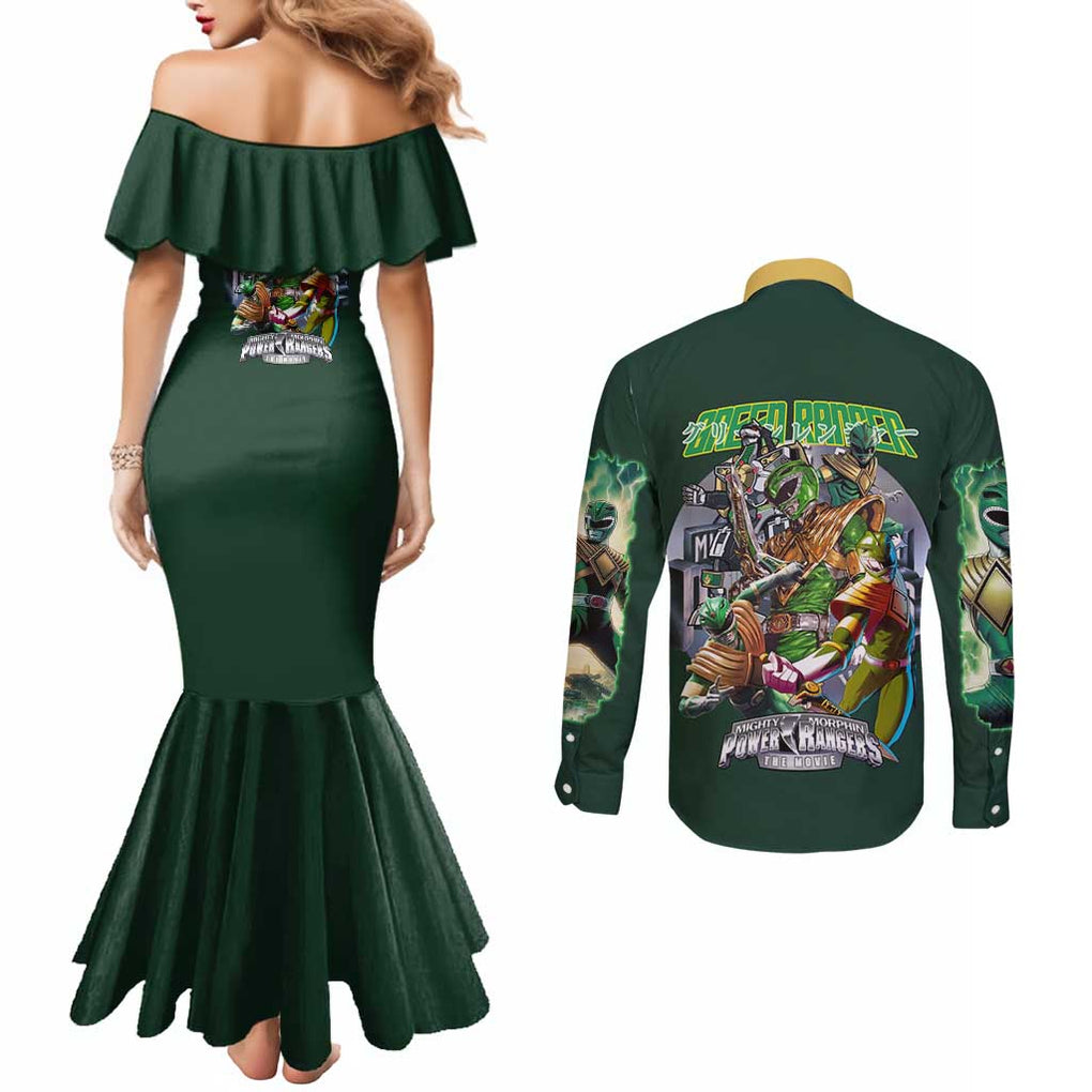 Green Ranger Mighty Morphin Power Rangers Couples Matching Mermaid Dress and Long Sleeve Button Shirt Japan Anime Style