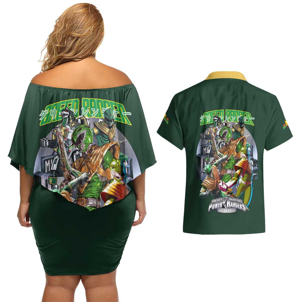 Green Ranger Mighty Morphin Power Rangers Couples Matching Off Shoulder Short Dress and Hawaiian Shirt Japan Anime Style